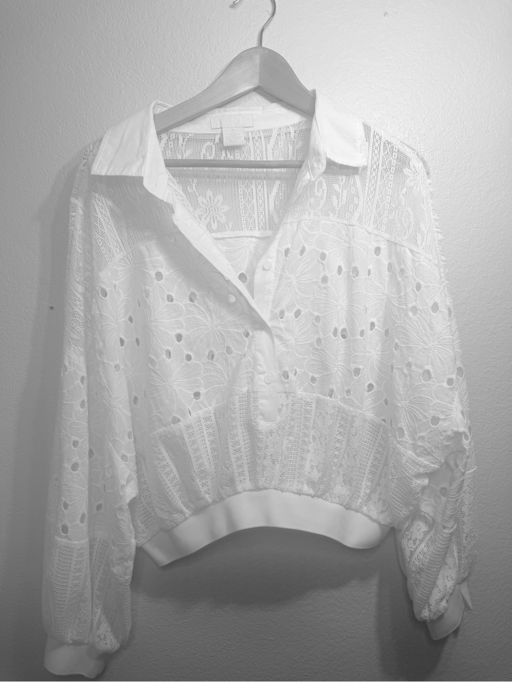 White Eyelet Patchwork Floral Lace Top XL Cotton Crop Elastic Hem Boho Cottage